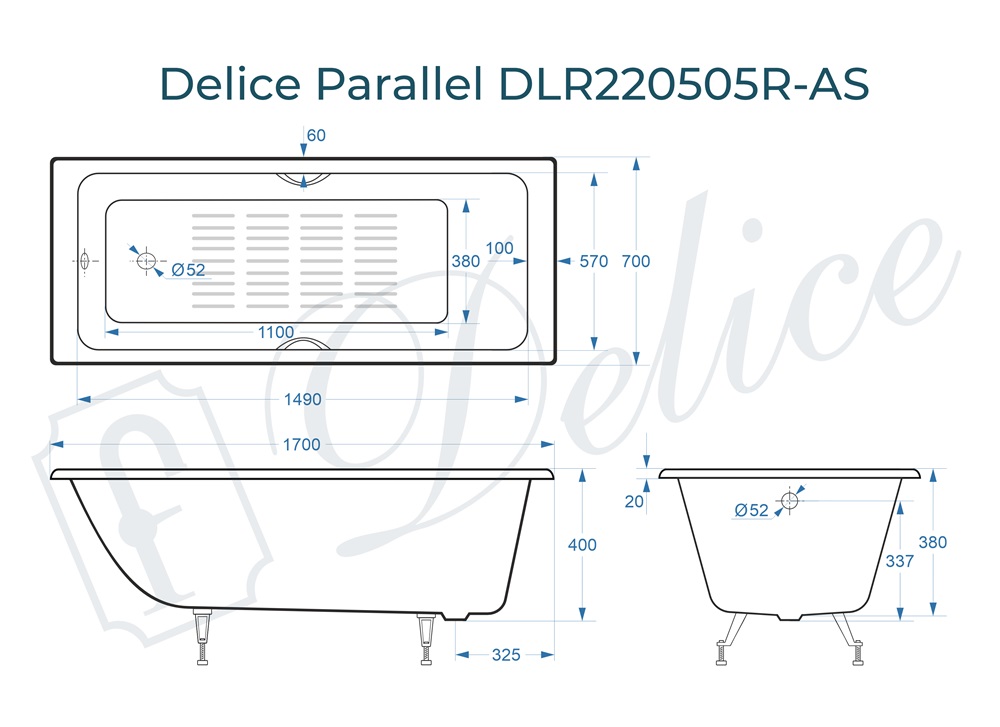 Ванна чугунная Delice Parallel 170х70 DLR220505R-AS с ручками и антискользящим покрытием