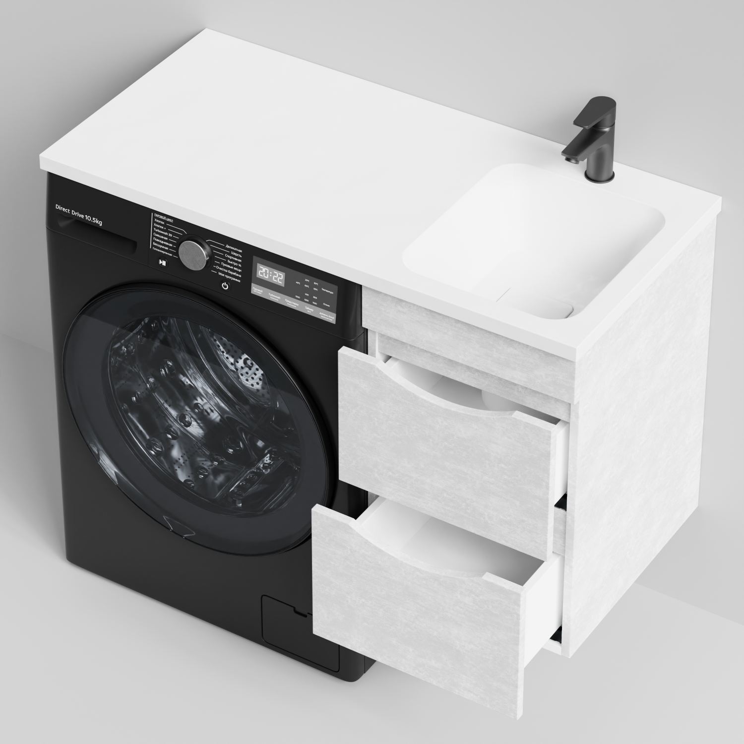 Тумба Vod-ok 48 с раковиной Смайл 110 подвесная, под стиральную машину, левая, Белый камень