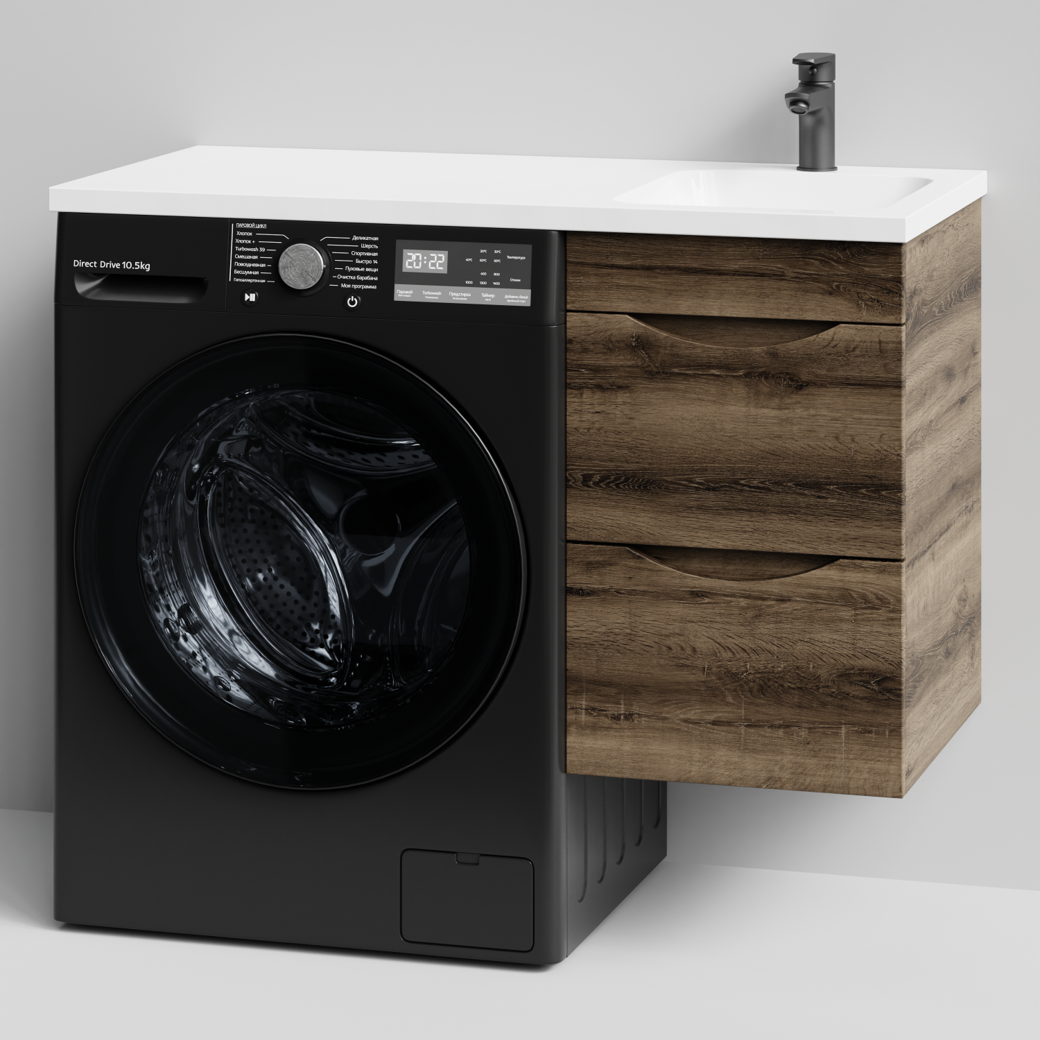 Тумба Vod-ok 38 с раковиной Смайл 100 подвесная, под стиральную машину, правая, Дуб крымский коричневый