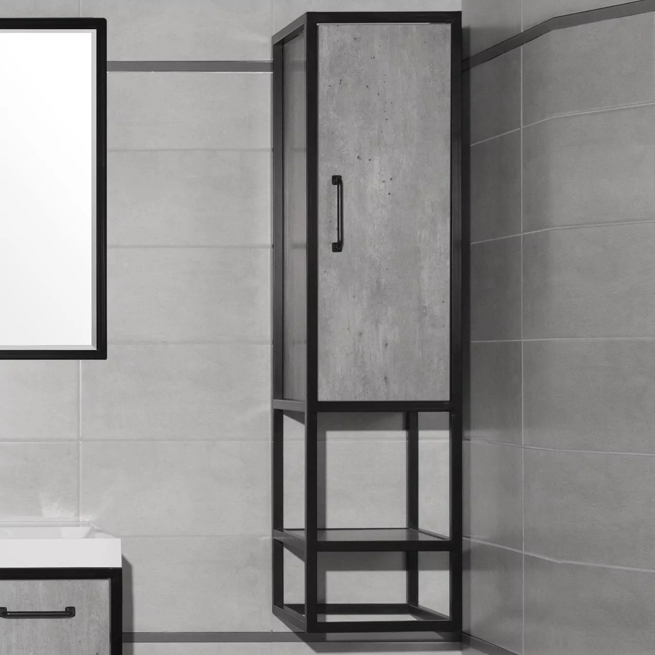 Пенал Style Line Лофт 30 R подвесной, с открытой полкой, бетон/черный