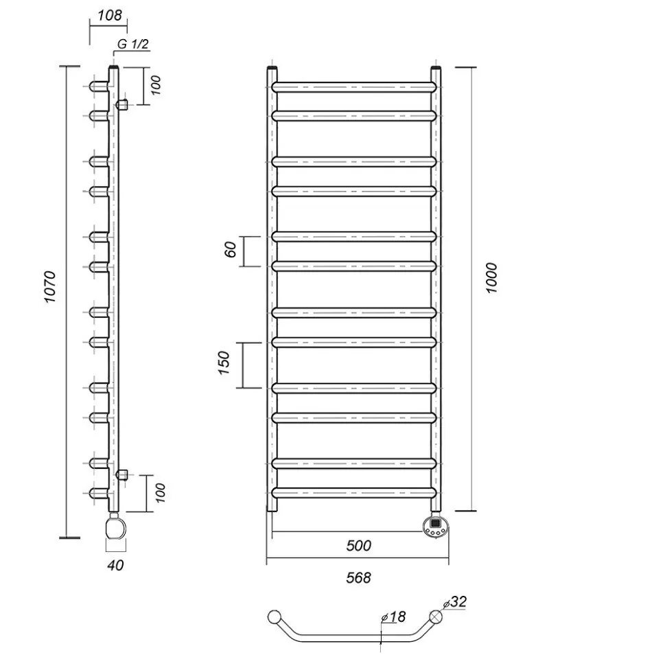 Полотенцесушитель электрический Domoterm Лаура П12 500х1000 ER правый, хром