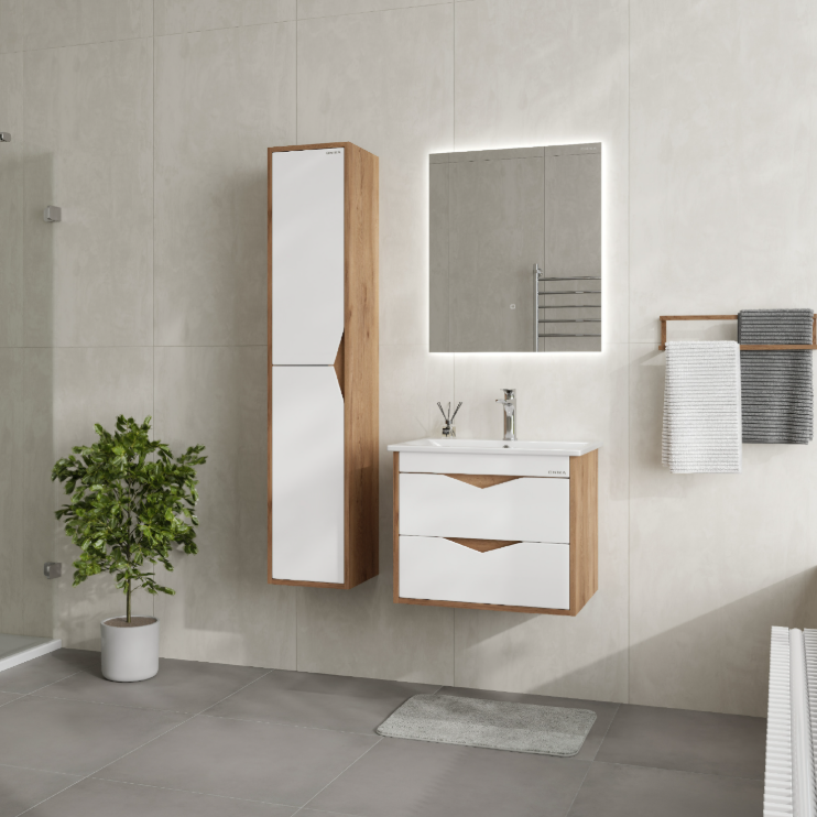 Тумба Onika Трианта 60 подвесная с раковиной Бриз 60, белая/дуб крафт золотой