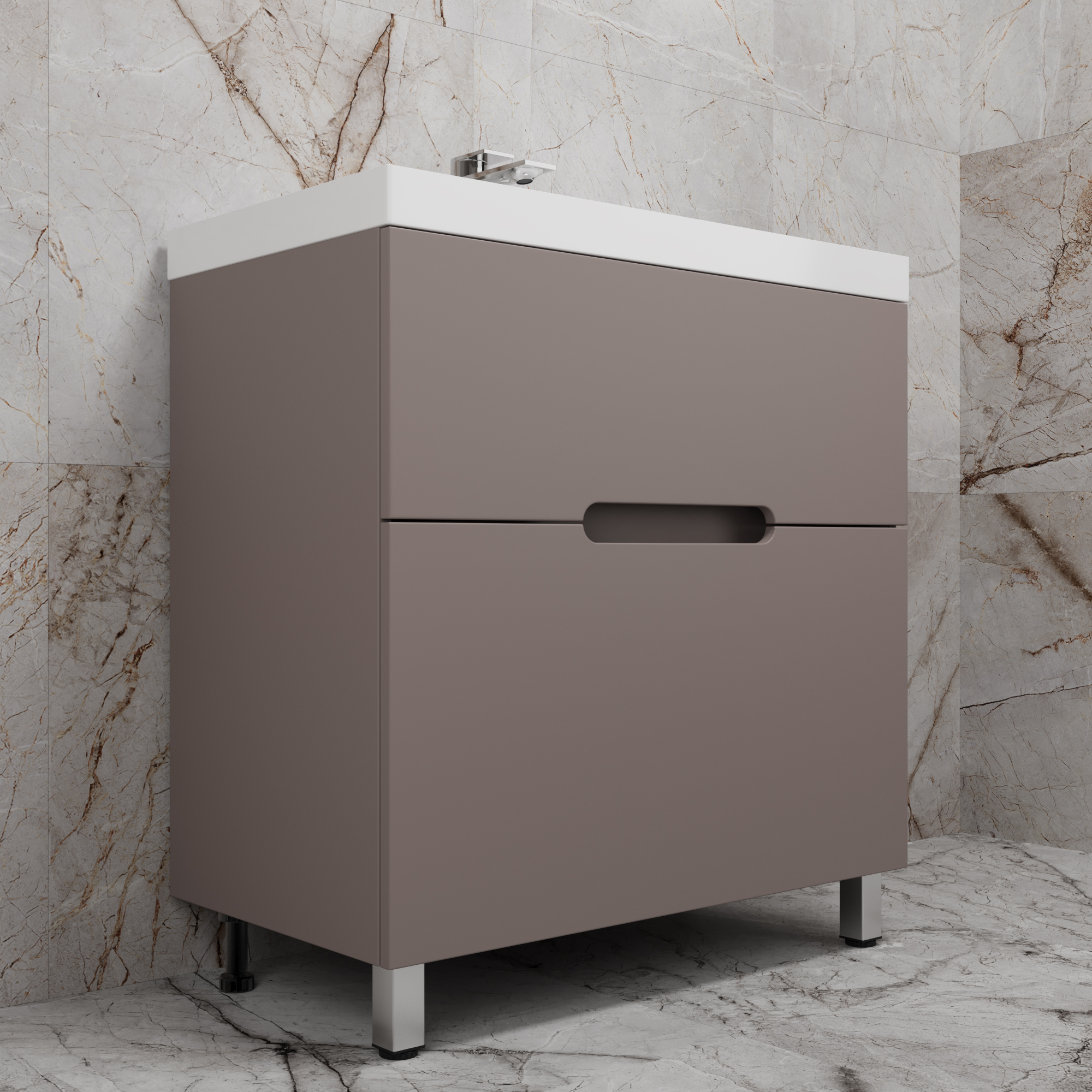 Тумба напольная Style Line "Матис 80" с раковиной ASTI 80 белый, (2 ящика), Тауп темный