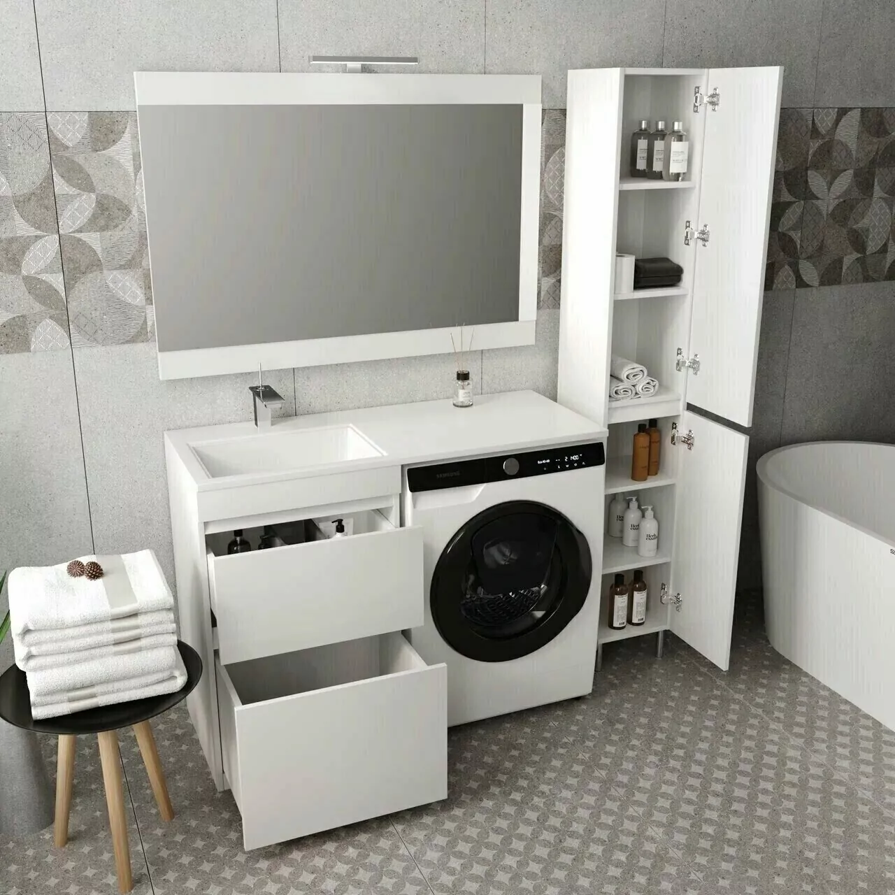 Тумба напольная Style Line Даллас 110 Люкс Plus Эмаль с раковиной Даллас 110 L под стиральную машину, два ящика, левая, белая