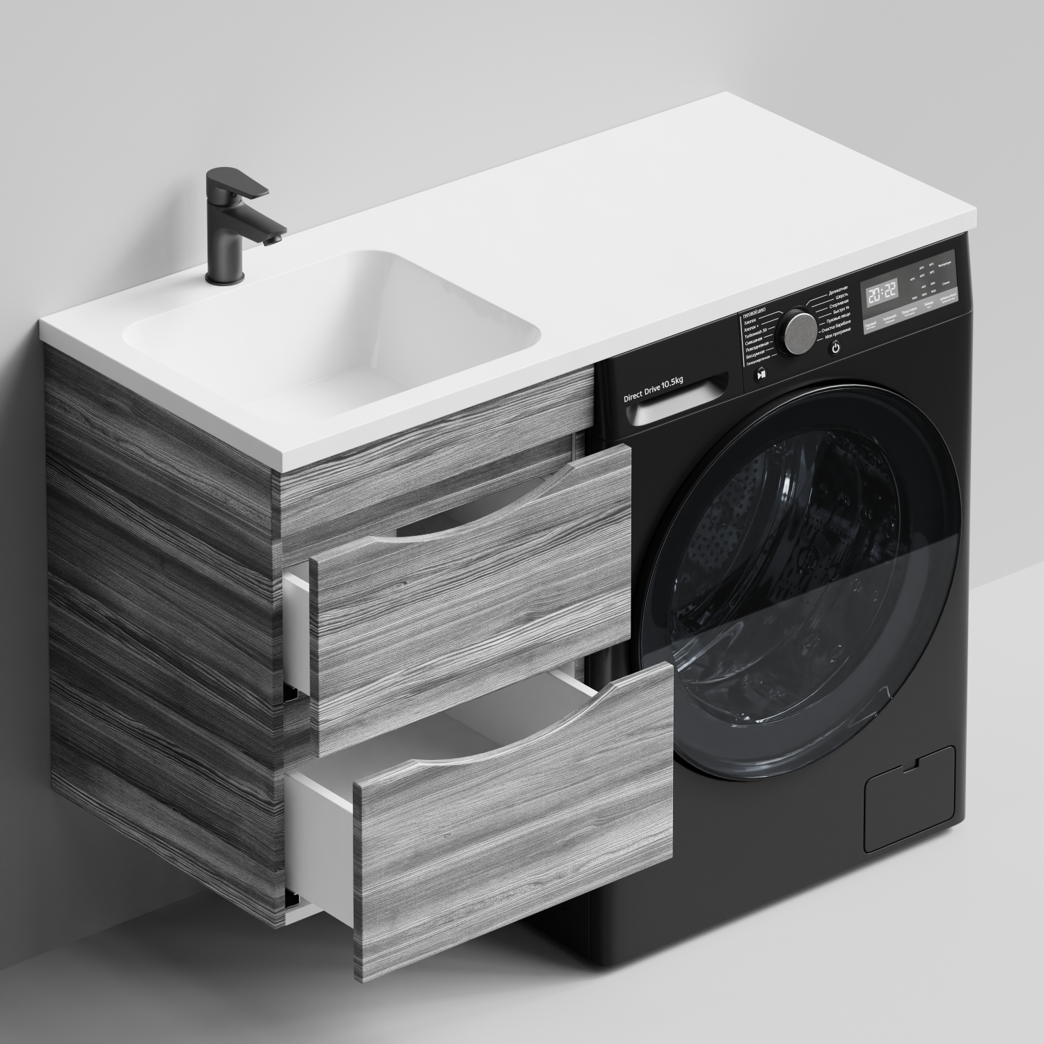 Тумба Vod-ok 48 с раковиной Смайл 110 подвесная, под стиральную машину, левая, Лиственница структурная контрастно-серая