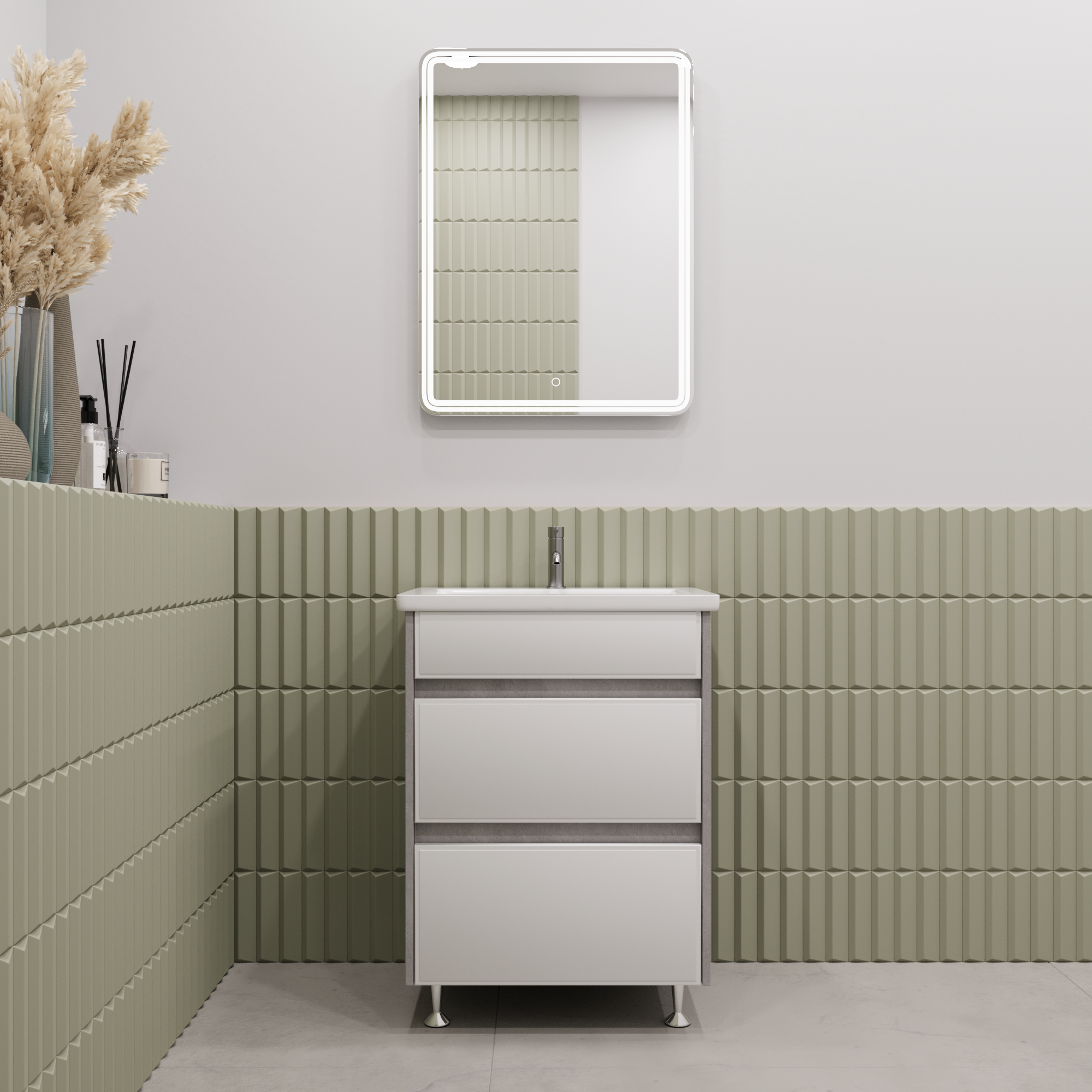 Тумба напольная Stella Polar Браво 60 с раковиной Сомо 60, слэйт/лакобель белое