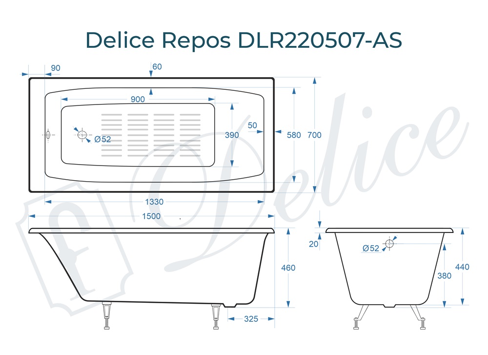 Ванна чугунная Delice Repos 150х70 DLR220507-AS с антискользящим покрытием