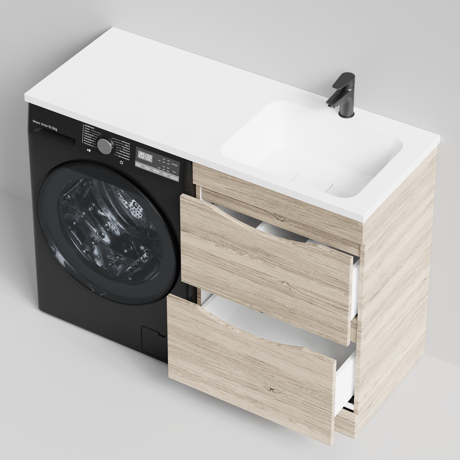 Тумба Vod-ok 58 с раковиной Смайл 120 напольная, под стиральную машину, правая, Дубослив ореховый светлый