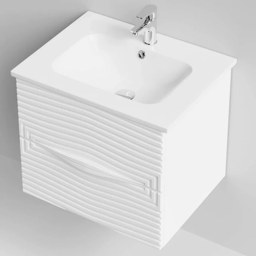 Тумба с раковиной Vod-ok Elite Эйфория 60 F5 волна линии, подвесная, два ящика, белый матовый