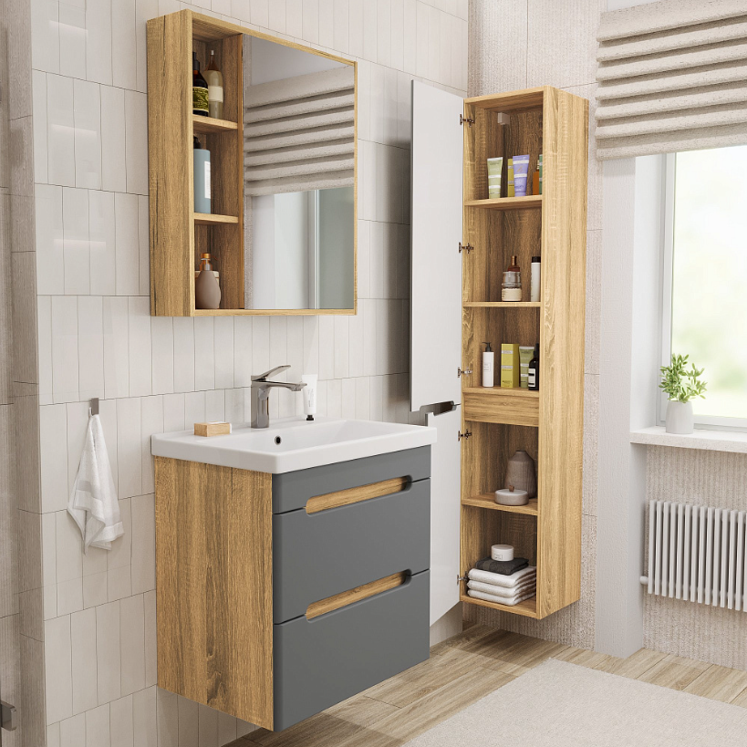 Тумба подвесная SanStar Diva 60 с раковиной Фостер 60, дуб вотан, графит софт