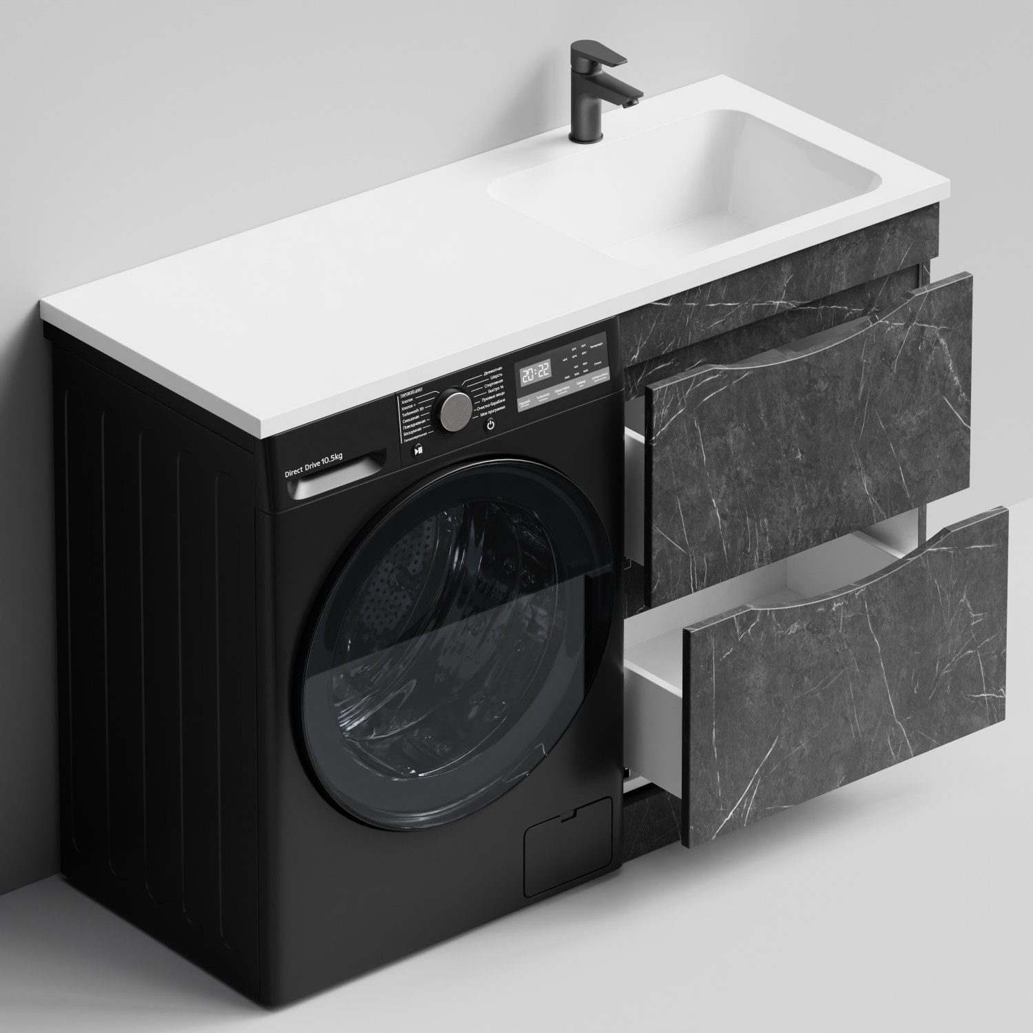 Тумба Vod-ok 58 с раковиной Смайл 120 напольная, под стиральную машину, правая, Мрамор Графит софт тач