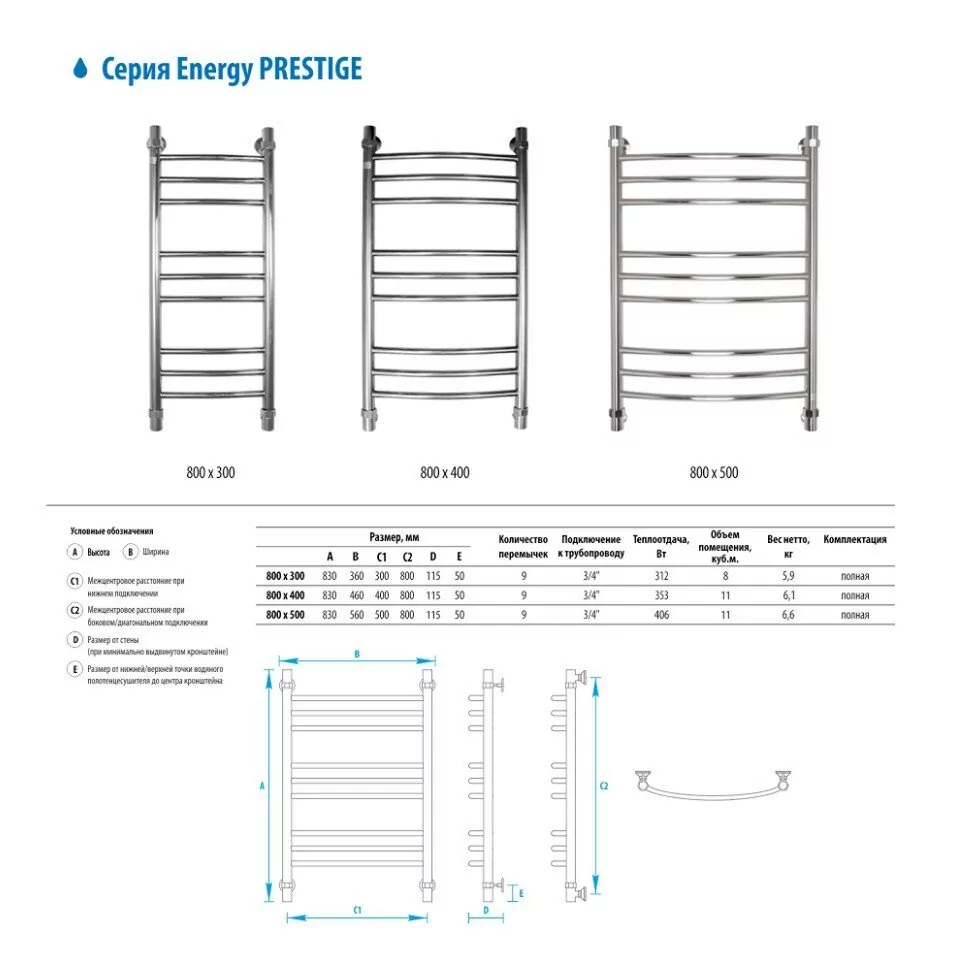 Полотенцесушитель водяной Energy Prestige 800x300 хром