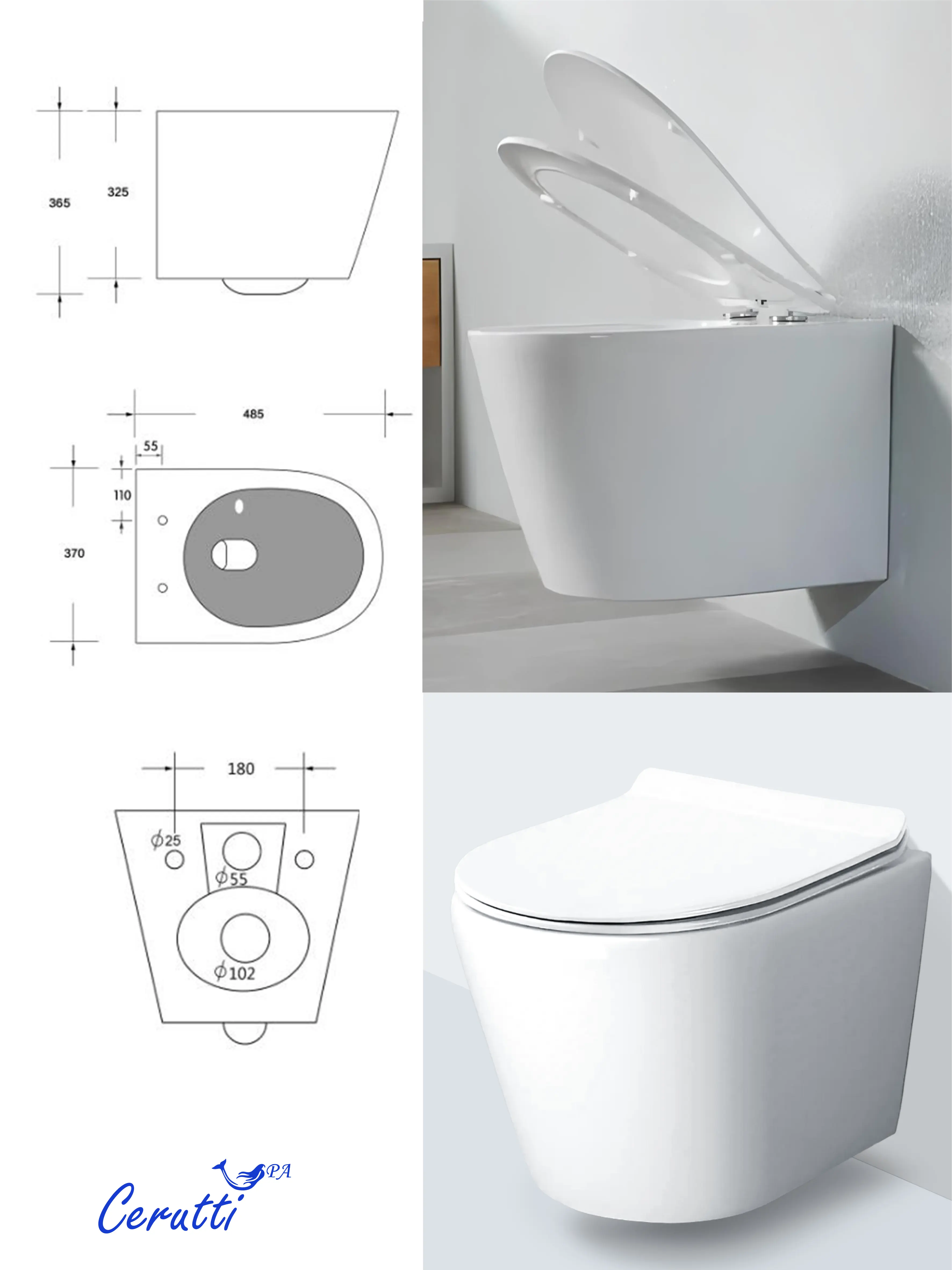 Унитаз Ceruttispa LUIGI Aria Tornado CT11101 безободковый, подвесной, (490x370x370), белый