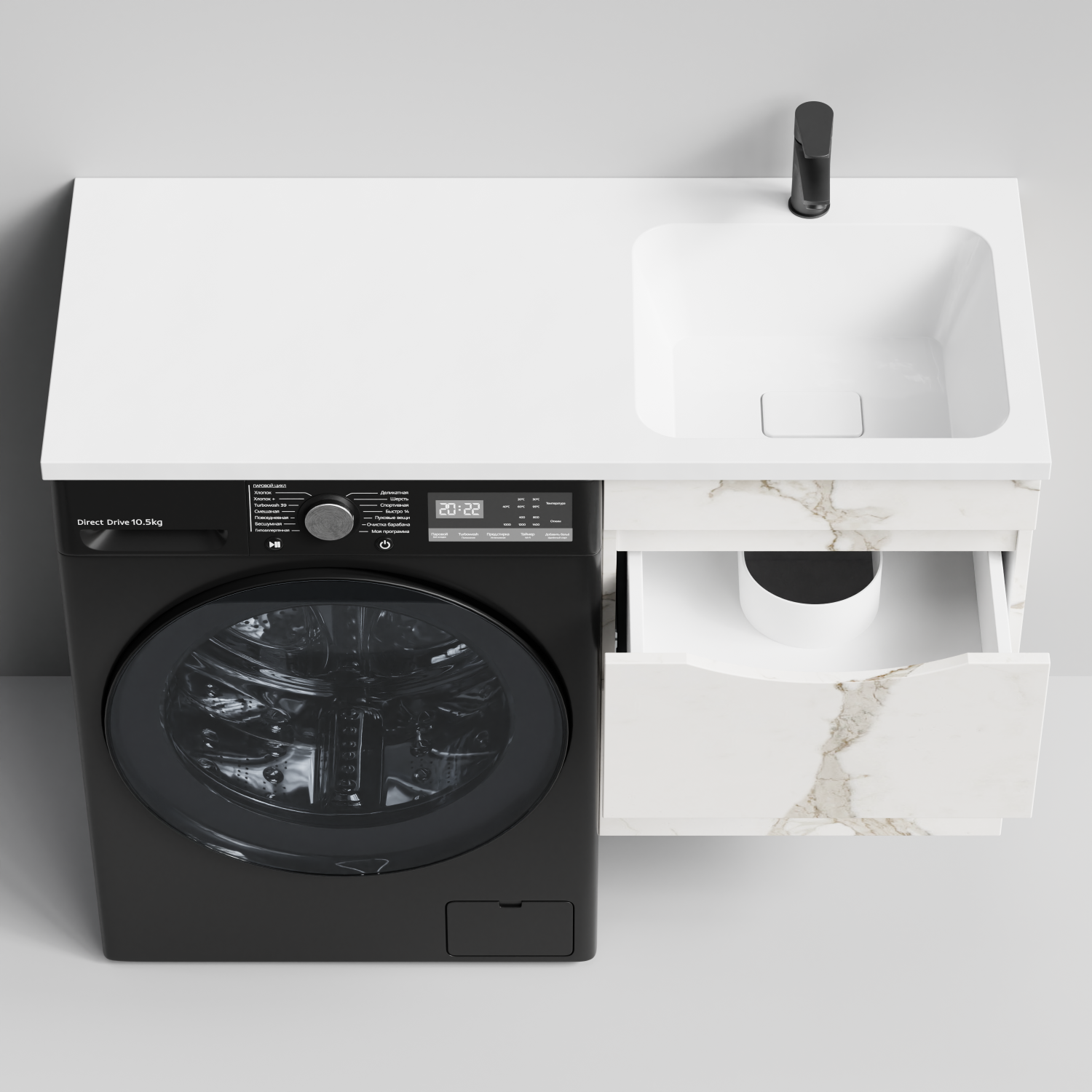 Тумба Vod-ok 48 с раковиной Смайл 110 подвесная, под стиральную машину, правая, Мрамор Белый натур милк