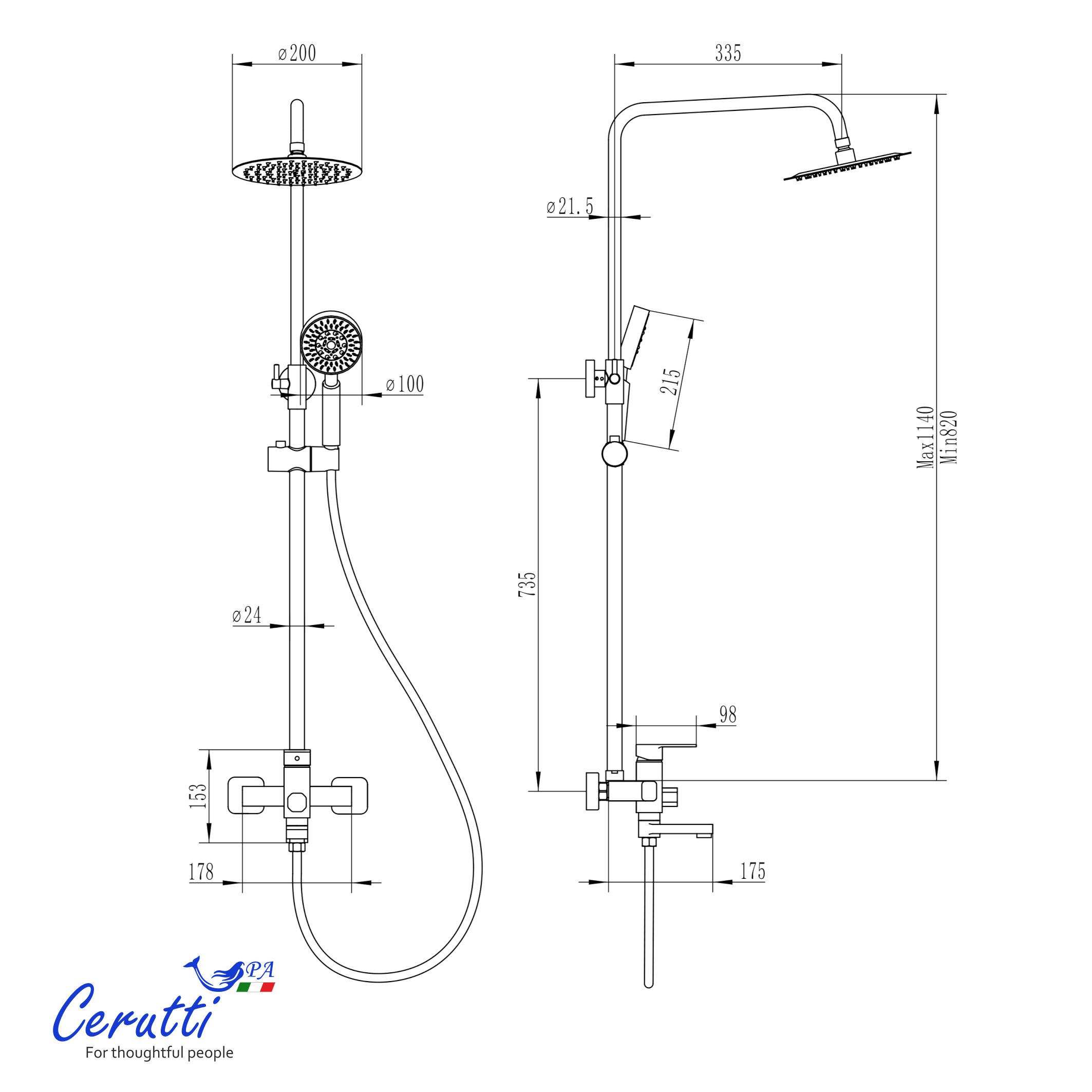 Душевая стойка Ceruttispa ORAZIO RSMB из латуни, цвет черный матовый