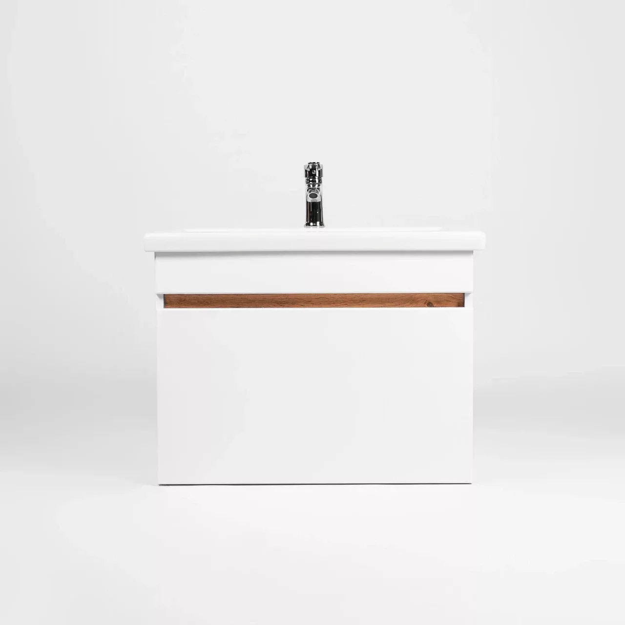 Тумба подвесная Viant Мальта 50 с раковиной Como 50, один ящик, белый/дуб вотан