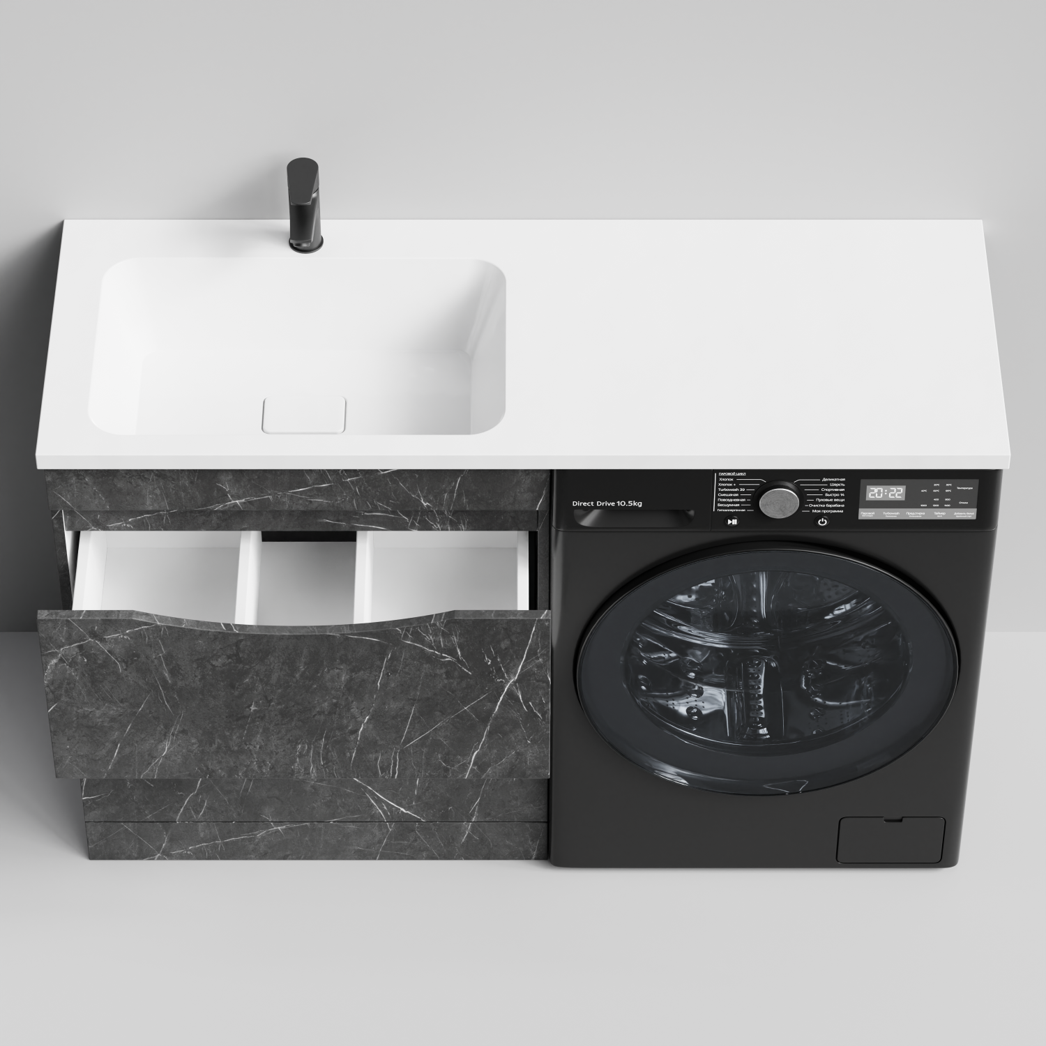 Тумба Vod-ok 68 с раковиной Смайл 130 напольная, под стиральную машину, левая, Мрамор Графит софт тач