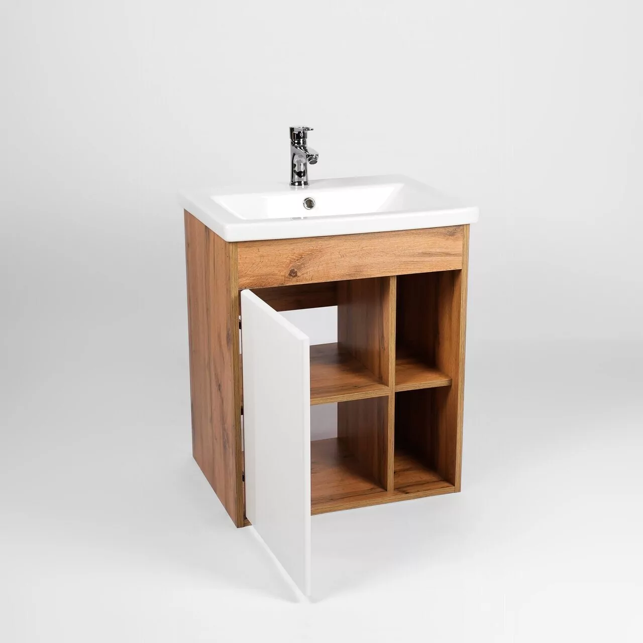 Тумба подвесная Viant Бостон 70 с раковиной Como 70, 1 дверь, белый/дуб вотан