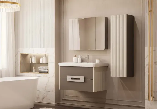 Тумба подвесная Aquaton Ар-Деко 85 с раковиной Нео-Классик 85, 2 ящика, кашемир