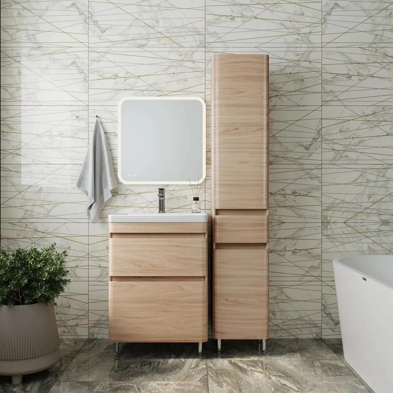 Тумба напольная Style Line Атлантика 60 Plus Люкс с раковиной Атлантика 60, ясень перламутр