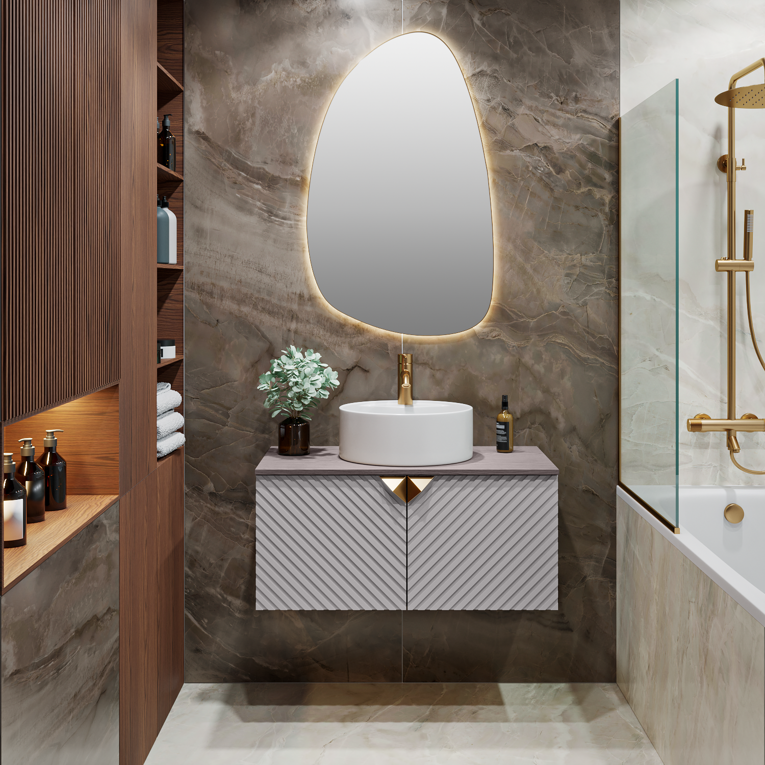 Тумба подвесная Runo Андорра 85 под накладную раковину, бежевый/кашемир серый/дуб какао