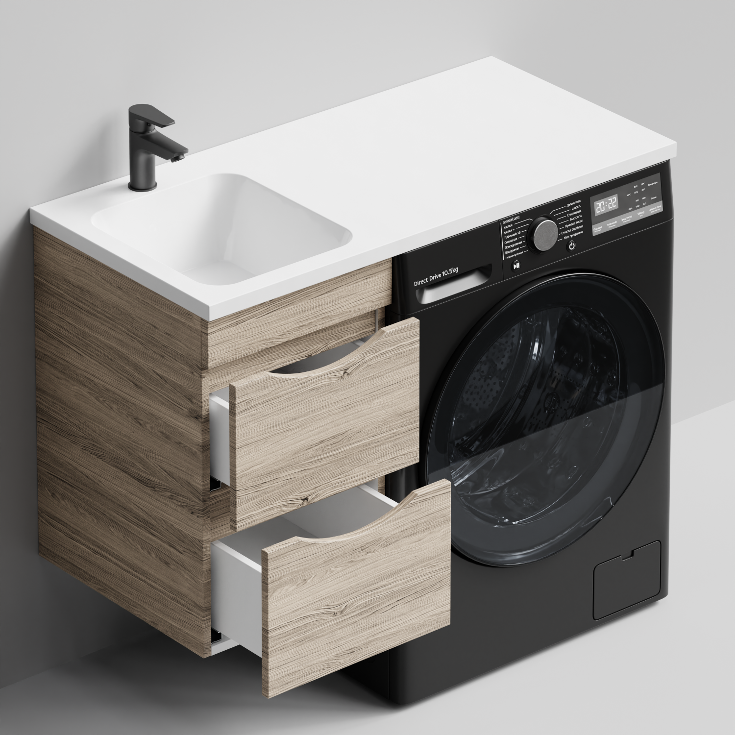 Тумба Vod-ok 38 с раковиной Смайл 100 подвесная, под стиральную машину, левая, Дубослив ореховый светлый