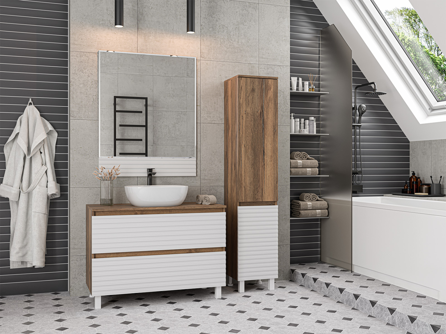 Пенал Brevita Dakota 35 напольный/подвесной, R, белый/дуб галифакс олово