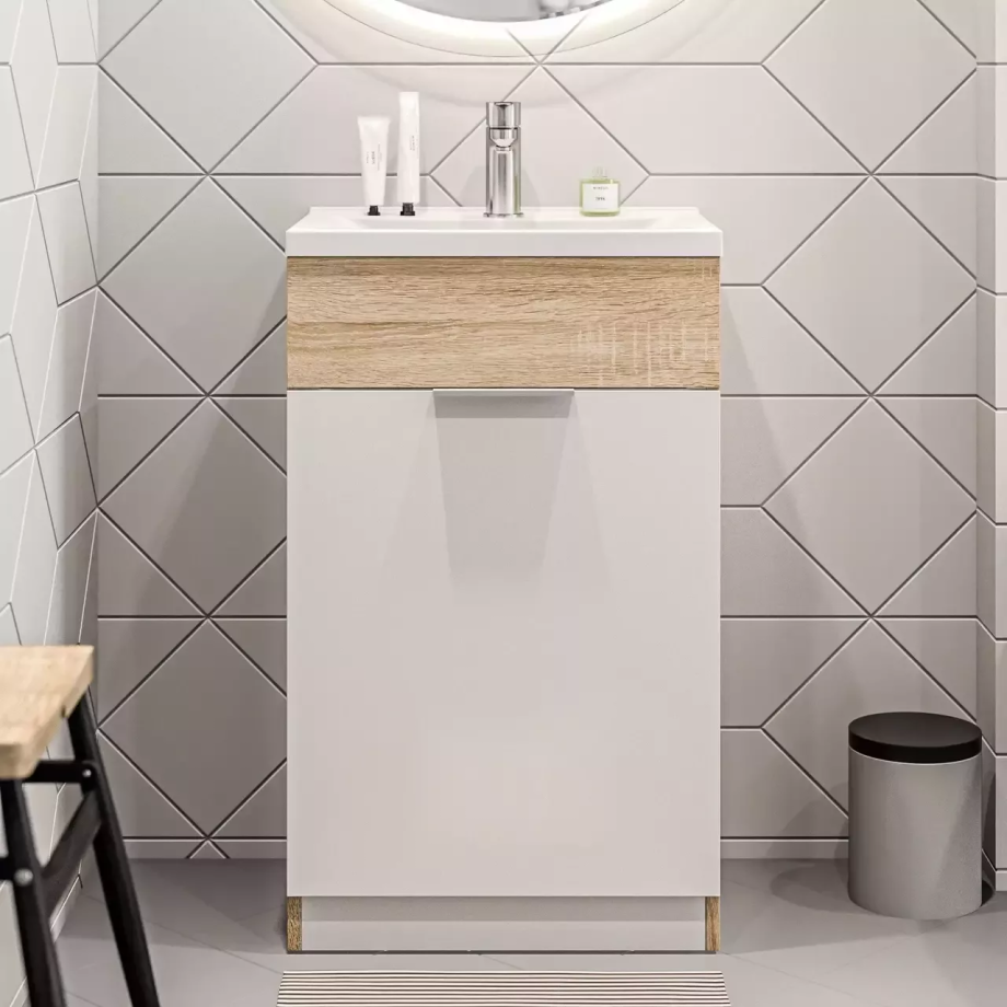 Тумба с раковиной напольная 1Marka Revo 50Н, 1 дверь, белый/дуб сонома