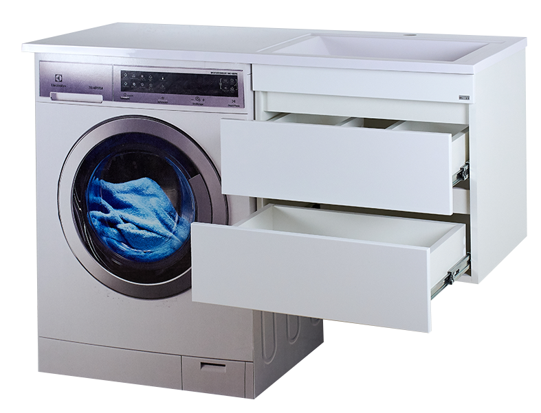 Тумба с раковиной Misty Фостер 55 с 2 ящиками, под стиральную машину подвесная с раковиной Misty Гавана 120 R, белый