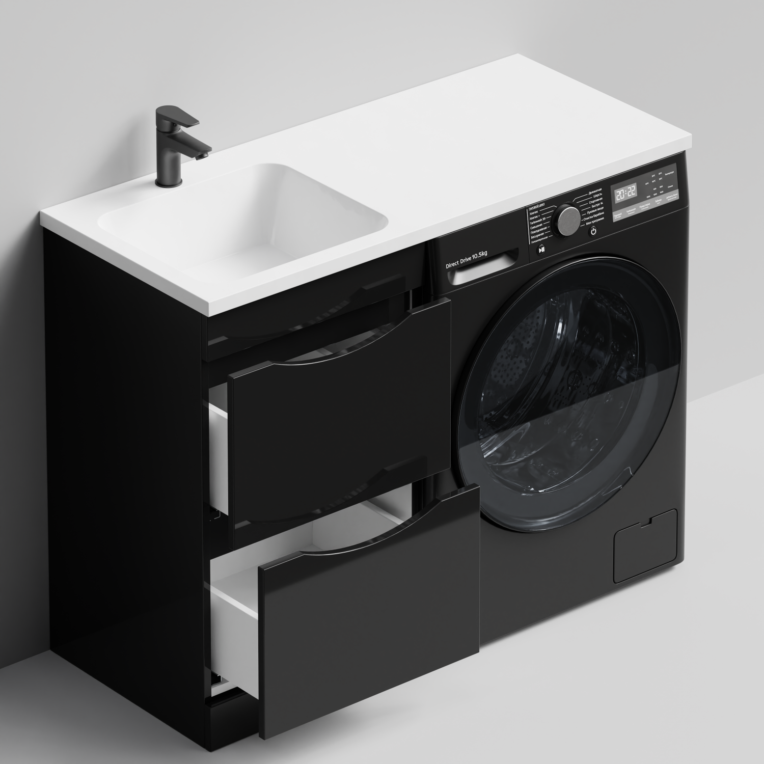 Тумба Vod-ok 48 с раковиной Смайл 110 напольная, под стиральную машину, левая, черный глянец