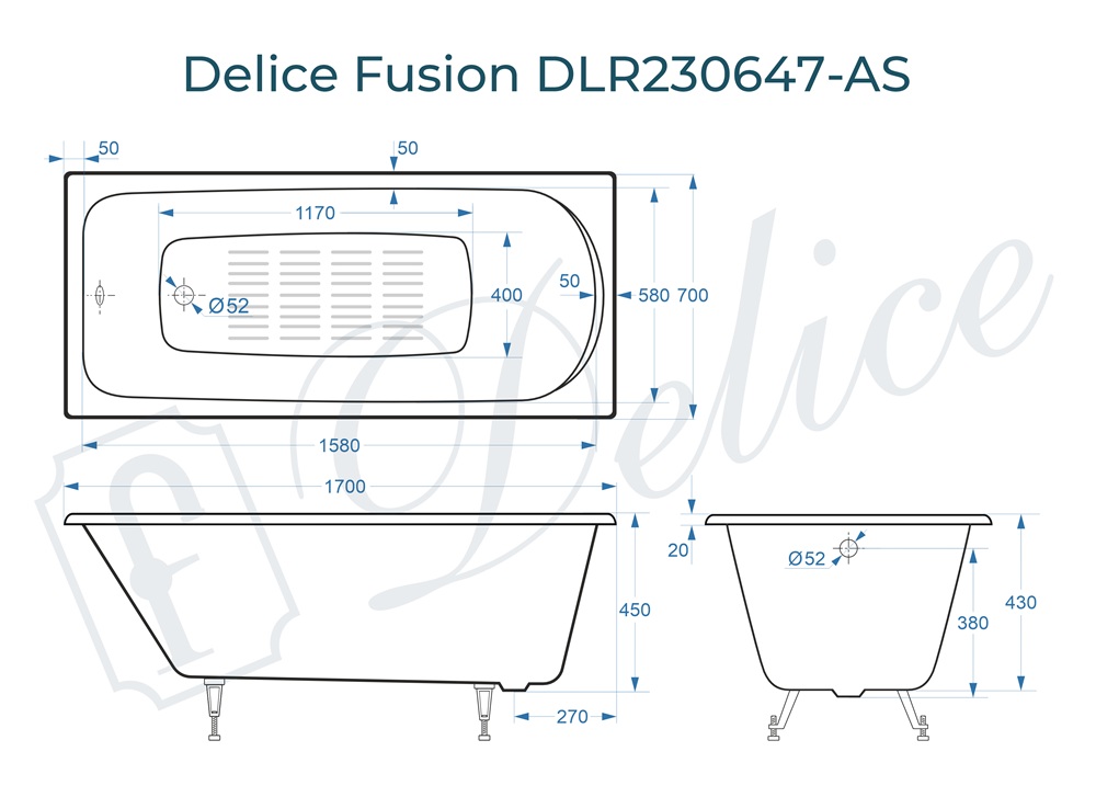 Ванна чугунная Delice Fusion 170х70 с антискользящим покрытием DLR230647-AS