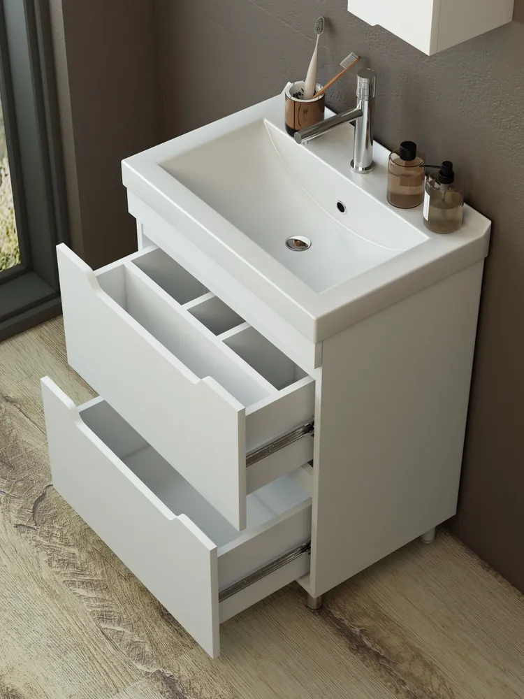 Тумба напольная Emmy Агата 55 с раковиной Визит 55, 2 ящика, белый