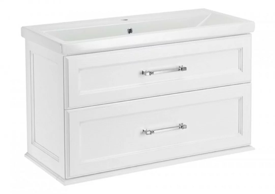 Тумба подвесная 2 ящика ASB Woodline Венеция 100 с раковиной Фостер 100, белый, патина серебро