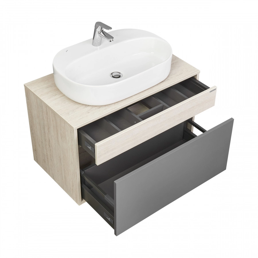 Тумба подвесная Aquaton Лофт Урбан 80 с раковиной Одри 42x62 Round, серый графит, дуб орегон