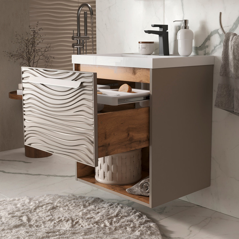 Тумба с раковиной EQUIL Gleam 60 подвесная, один ящик, амарок/дуб вотан