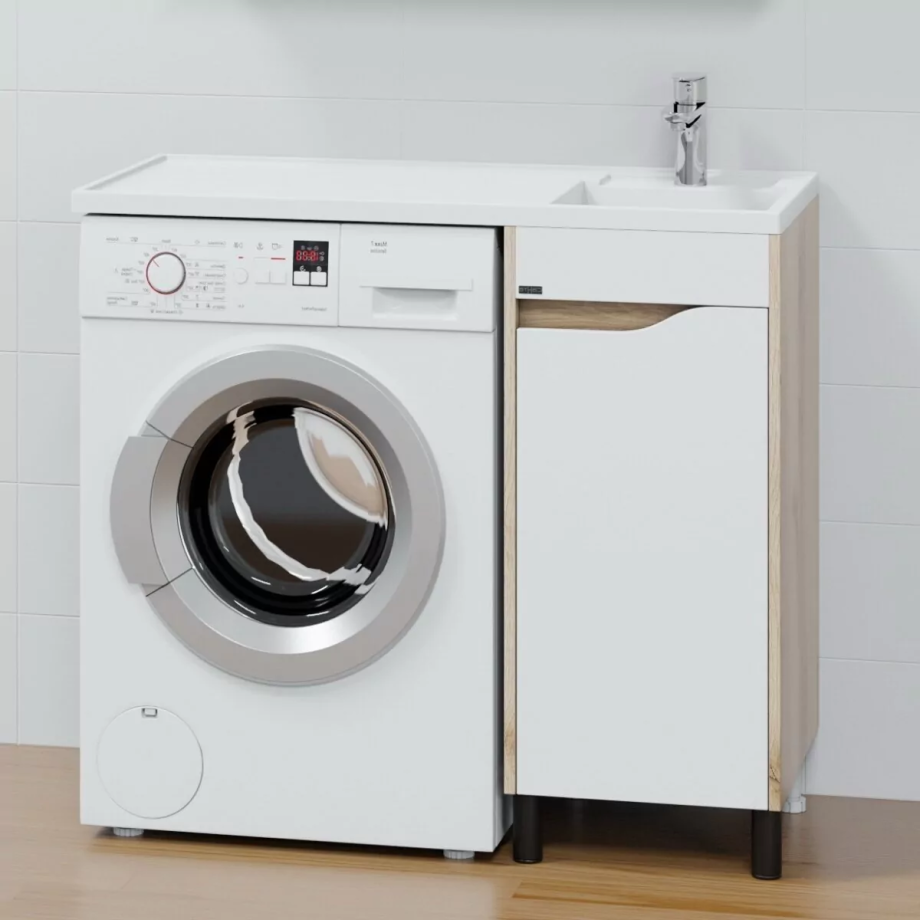 Тумба напольная Санта Сатурн 38 с раковиной Лидер 100 под стиральную машину, R правая, дуб австрийский с белым