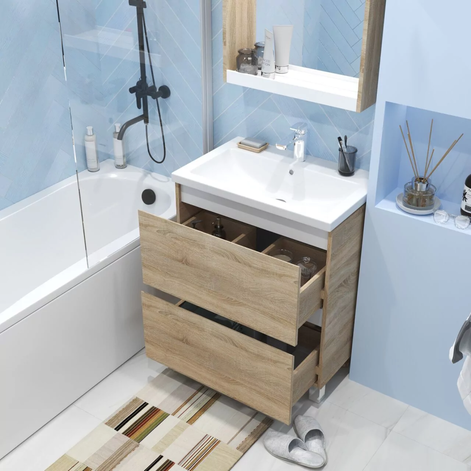 Тумба напольная 1Marka New Aris 70Н с раковиной Como 70, 2 ящика, дуб сонома