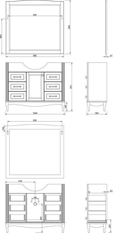Тумба напольная ValenHouse Эллина 105/2 с раковиной Классик 105, 1 дверь, 6 ящиков, белый, бронза от магазина Vanna-Vanna.ru!