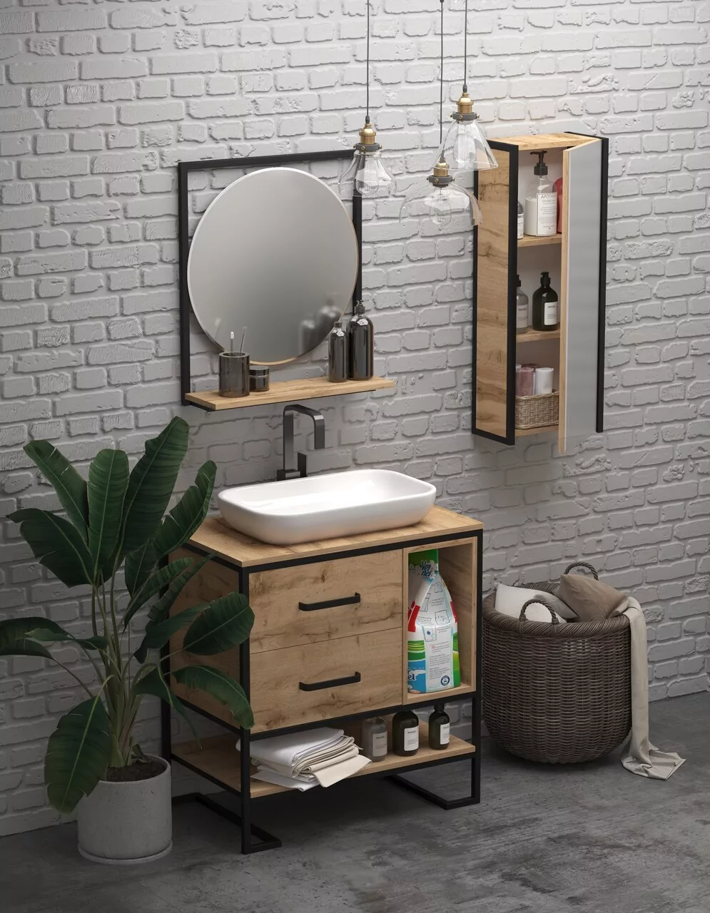 Шкаф навесной 1Marka Grunge loft 35П R, 1 дверь, с зеркалом, дуб вотан/черный