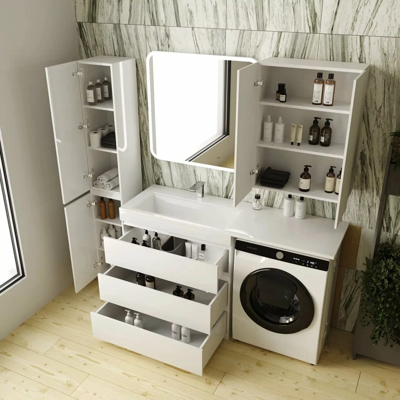 Тумба напольная Style Line Даллас 150 люкс plus ПВХ с раковиной Даллас 150 под стиральную машину, 3 ящика, левая, белая