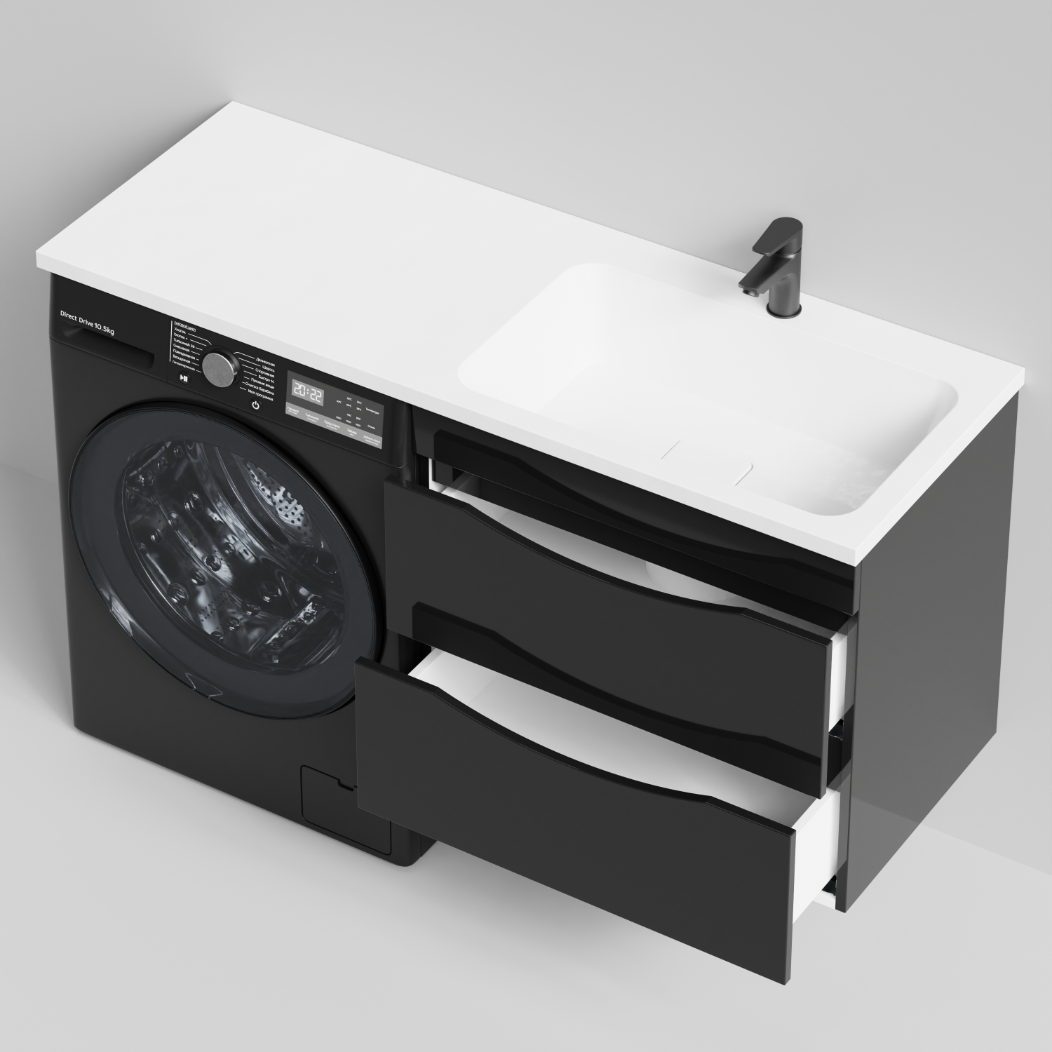 Тумба Vod-ok 68 с раковиной Смайл 130 подвесная, под стиральную машину, правая, черный глянец