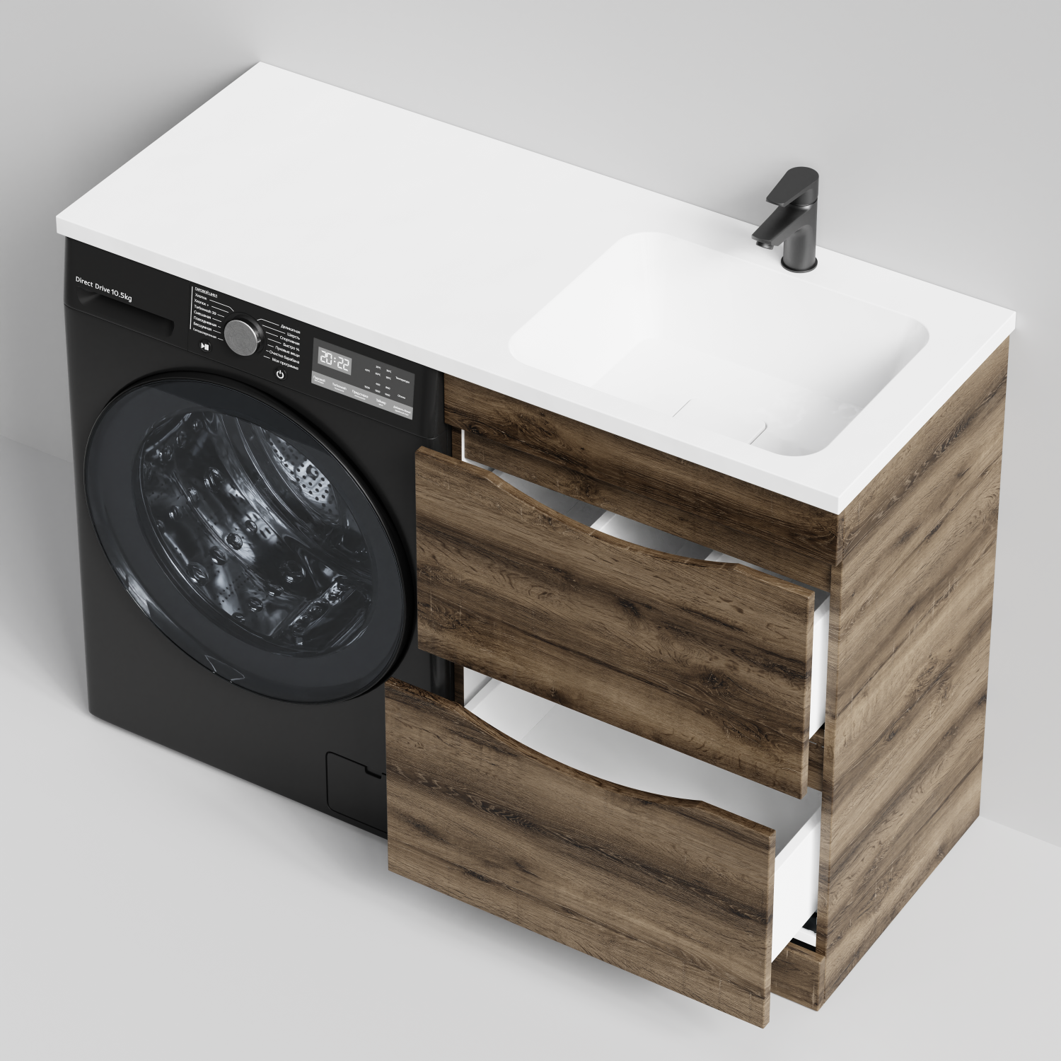 Тумба Vod-ok 58 с раковиной Смайл 120 напольная, под стиральную машину, правая, Дуб крымский коричневый