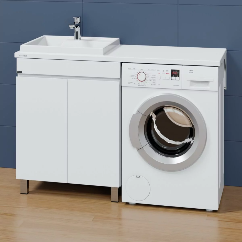 Тумба напольная Санта Марс 68 с раковиной Юпитер 1300 под стиральную машину, 2 двери, левая, белая
