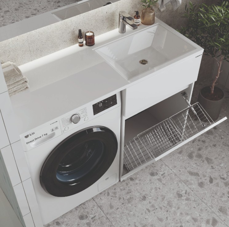 Тумба напольная Onika Сорго 58 с раковиной Марсал 120 R, под стиральную машину, белая