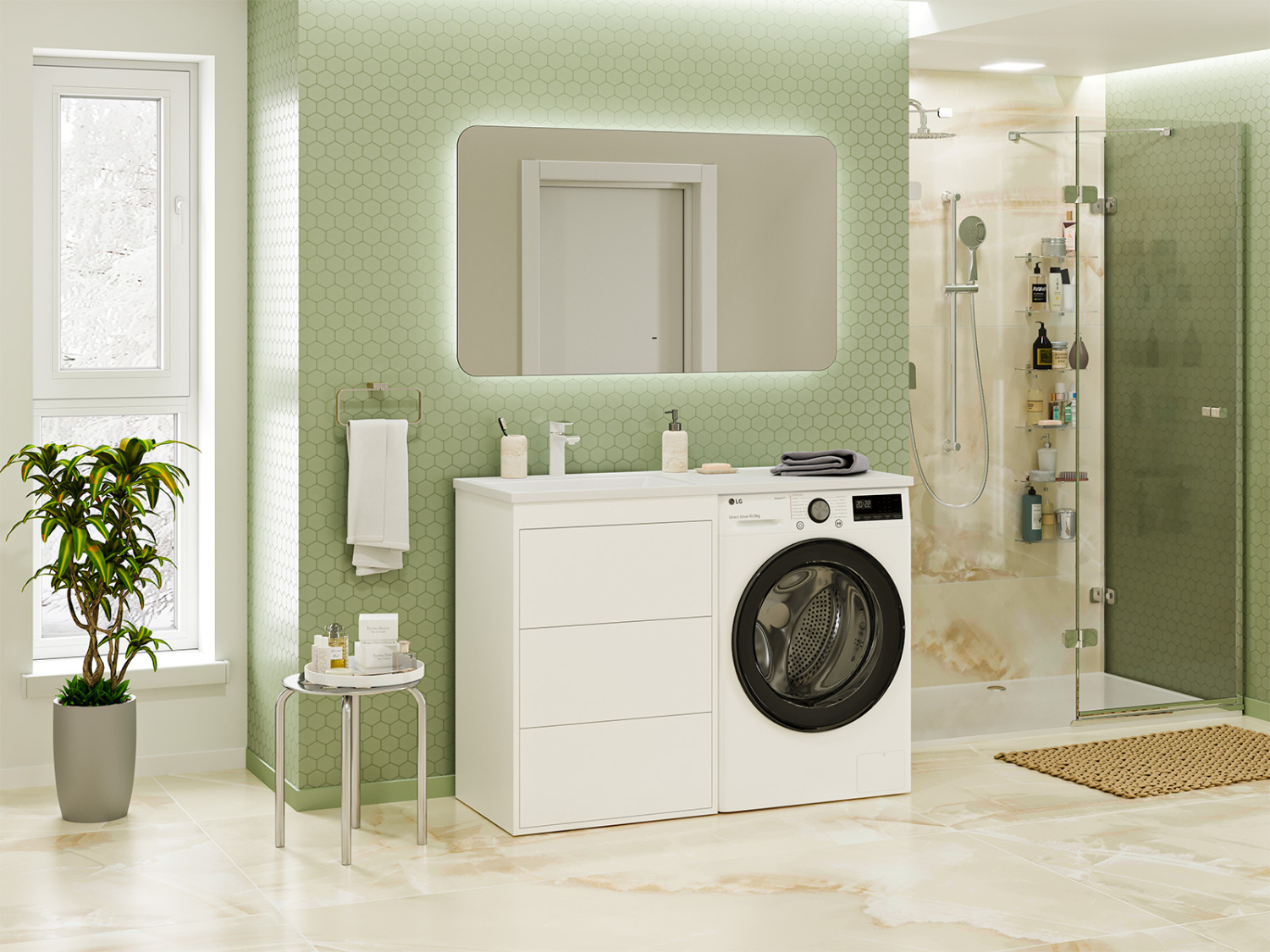 Тумба с раковиной Brevita Grafit 60 под стиральную машину, с раковиной Эстет Даллас 120 R, белый