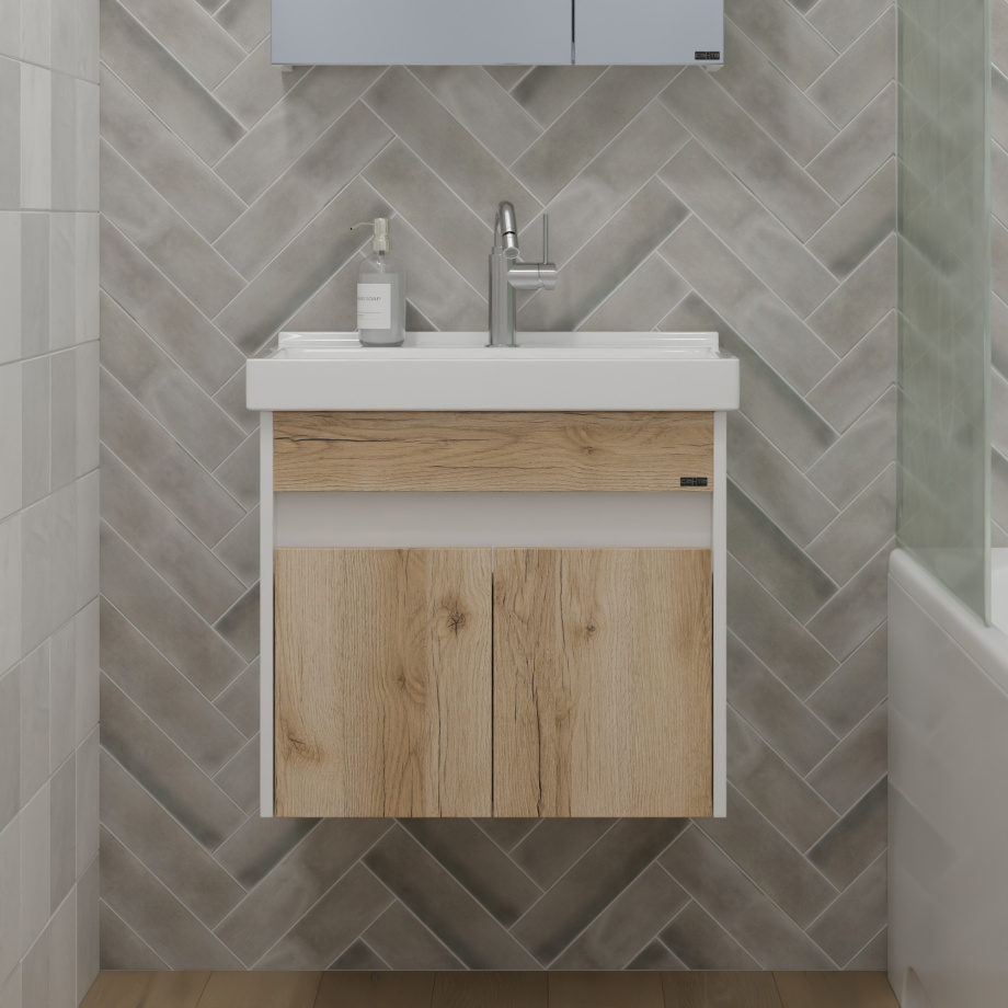 Тумба подвесная Санта Мира 60 с раковиной Fest 60, австрийский дуб, белый