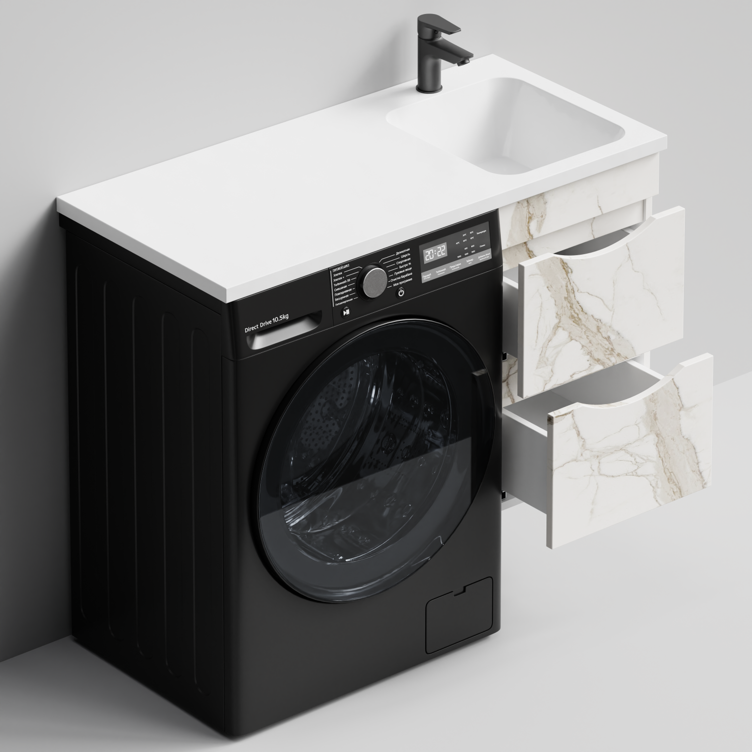 Тумба Vod-ok 38 с раковиной Смайл 100 подвесная, под стиральную машину, правая, Мрамор Белый натур милк