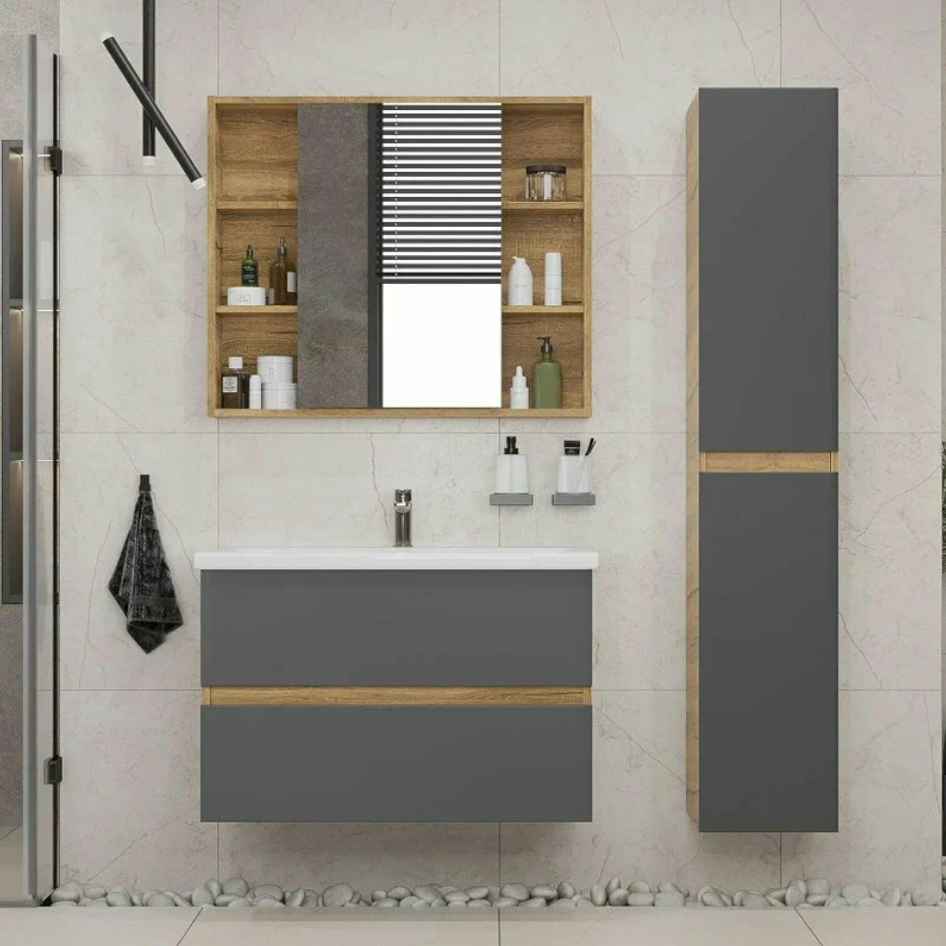 Тумба подвесная SanStar Graffa 100 с раковиной Миранда 100 Дуб вотан, графит софт