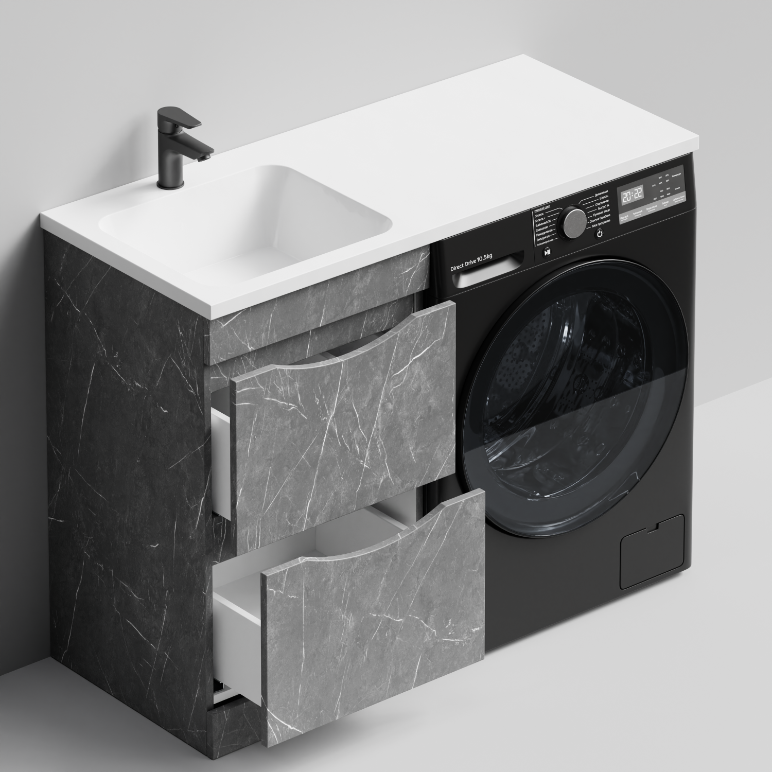 Тумба Vod-ok 48 с раковиной Смайл 110 напольная, под стиральную машину, левая, Мрамор Серый софт тач