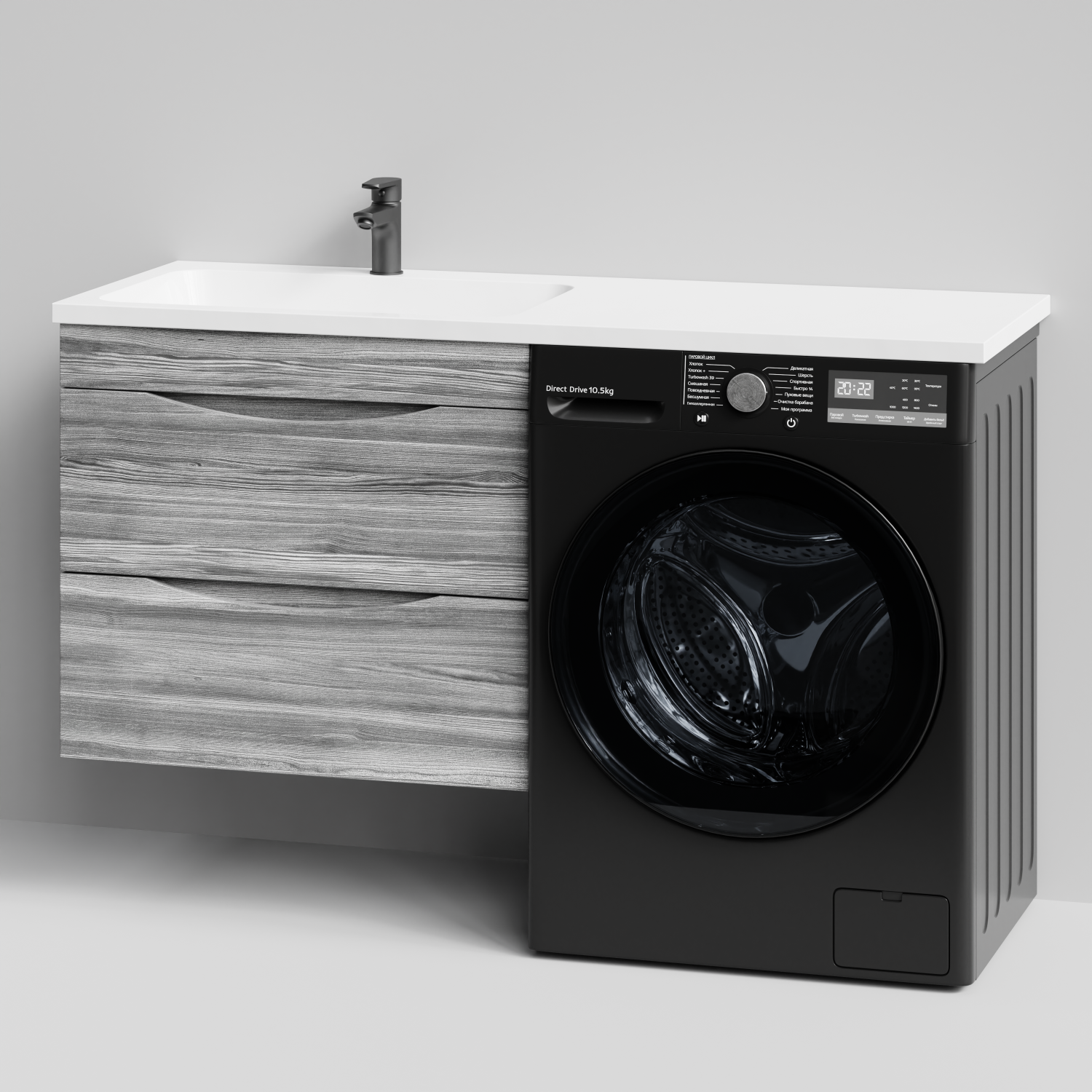 Тумба Vod-ok 68 с раковиной Смайл 130 подвесная, под стиральную машину, левая, Лиственница структурная контрастно-серая